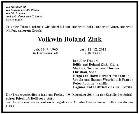 Zink Volkwin 1965-2014 Todesanzeige